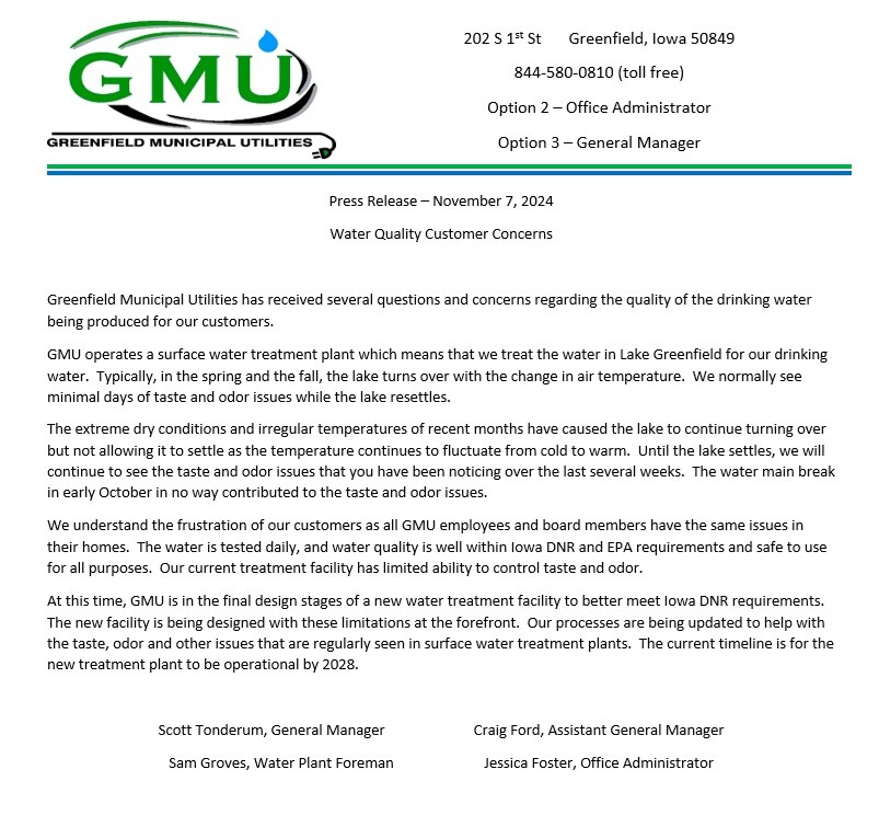 A letter from Greenfield Municipal Utilities details water quality concerns due to lake turnover. It discusses causes, impacts on taste and odor, and ongoing solutions. Contact information and officials' names are included at the top and bottom.