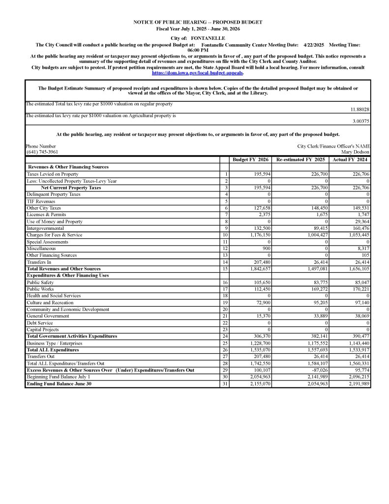 A notice detailing the City of Fontanelle’s proposed budget for fiscal year 2025, including a summary table of revenues and expenditures, hearing information, and contact details for public review and comment.