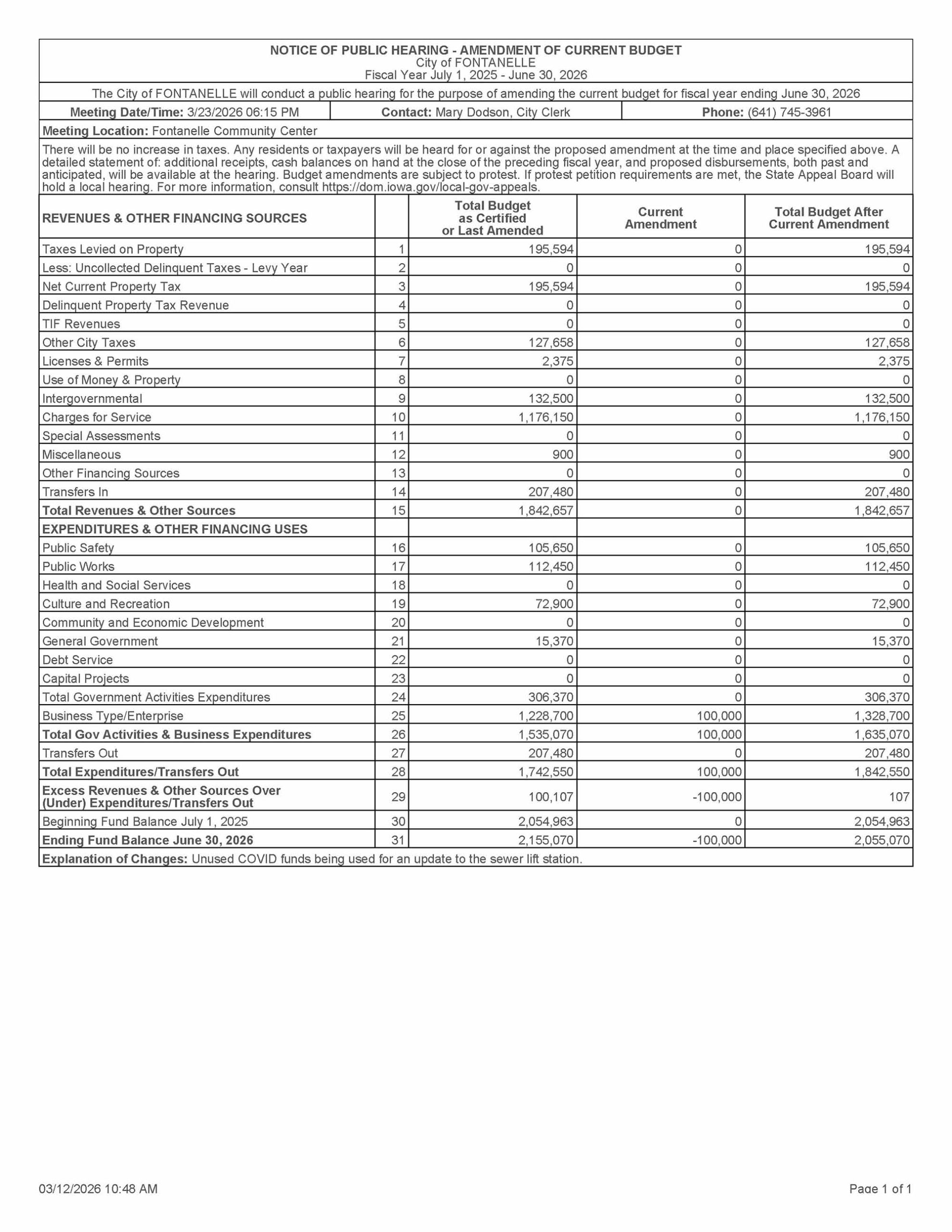 A public notice document details a city council budget amendment hearing, showing a table with original and amended budget figures for revenue and expenses, and an explanation about using COVID funds for payroll costs.